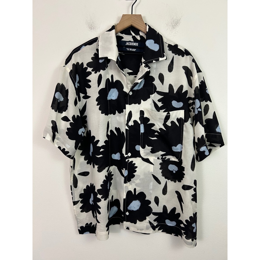 Jacquemus Le Splash Mens Floral Short Sleeve Viscose Shirt Black White Blue 50 L